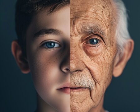 face divided into two halves, half of a young boy and half of an old man. The concept of aging