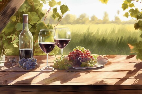 Glass, grapes, table, shade, summer, field, vineyards, illustration. Generative AI