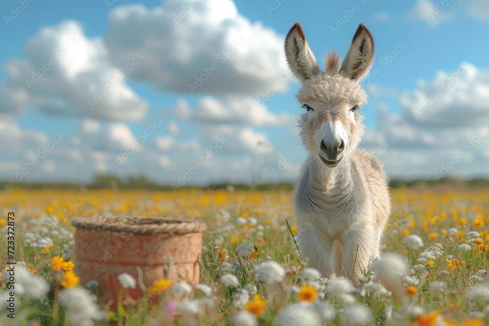 Wall mural A solitary donkey stands in a sea of vibrant flowers, basking in the warm sun and surrounded by the lush green grass, as the sky above is painted with soft, billowing clouds