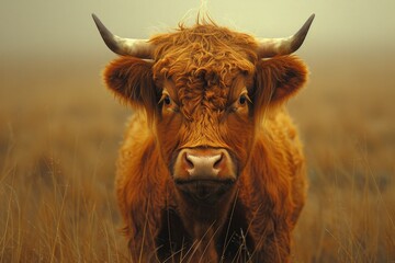 A majestic bovine, with its powerful horns and earthy brown coat, stands tall in the lush green field, embodying the beauty of nature and the resilience of terrestrial animals