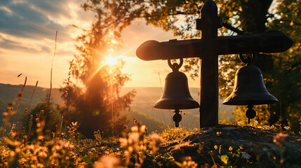 Ancient Cross Bedecked with Paschal Bells - obrazy, fototapety, plakaty