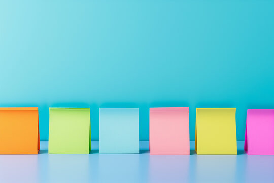 Colorful empty sticky notes isolated on copy space minimalist background, Blank note papers standing next to each,  colorful set of blank sticky notes, Web banner concept using abstract sticky notes