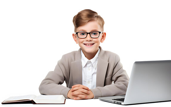 a boy sitting at a desk with a laptop and a book