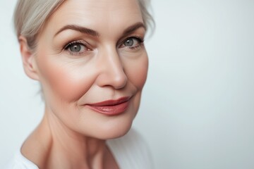 Fototapeta premium Beautiful gorgeous 50s mid aged mature woman looking at camera isolated on white. Mature old lady close up portrait. Healthy face skin care beauty, middle age skincare cosmetics