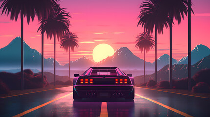 a car on a road with palm trees and mountains in the background - obrazy, fototapety, plakaty