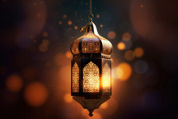 Arabic Lantern Glowing Against Dark Background