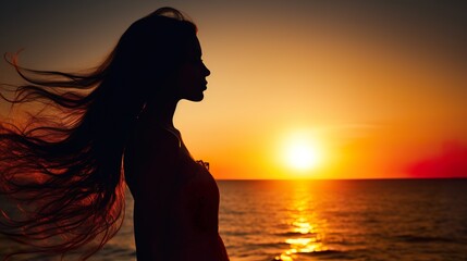 silhouette portrait of young beautiful woman looking at sunset at sea beach, attractive female at sunrise