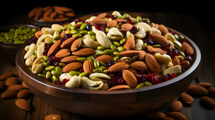 a bowl of nuts and dried cranberries - Powered by Adobe