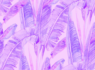 seamless monochrome pattern with watercolor banana palms in purple hues on a lilac background