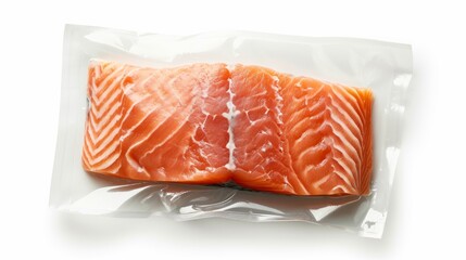 vacuum packaging with a piece of pink salmon fish on a white background - obrazy, fototapety, plakaty