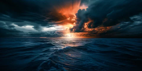 Fototapeten Dramatic cloudy sunset over the sea with a huge dark cloud above it © Marc Andreu