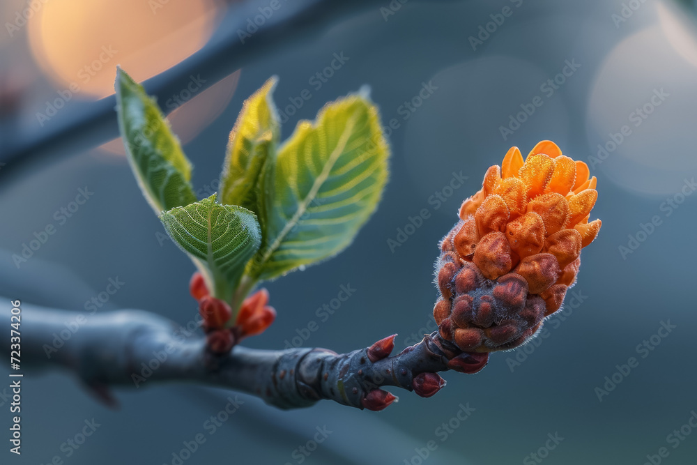 Poster the first flowers on the branches of the bush. backdrop with selective focus and copy space