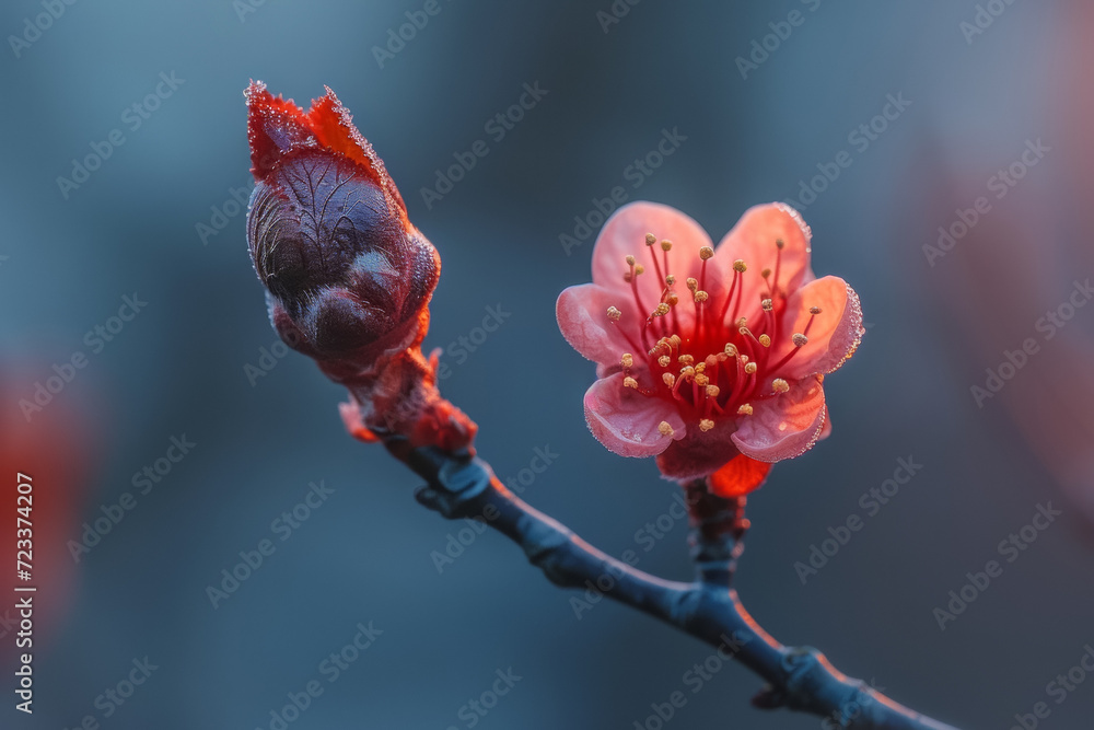 Poster the first flowers on the tree. backdrop with selective focus and copy space
