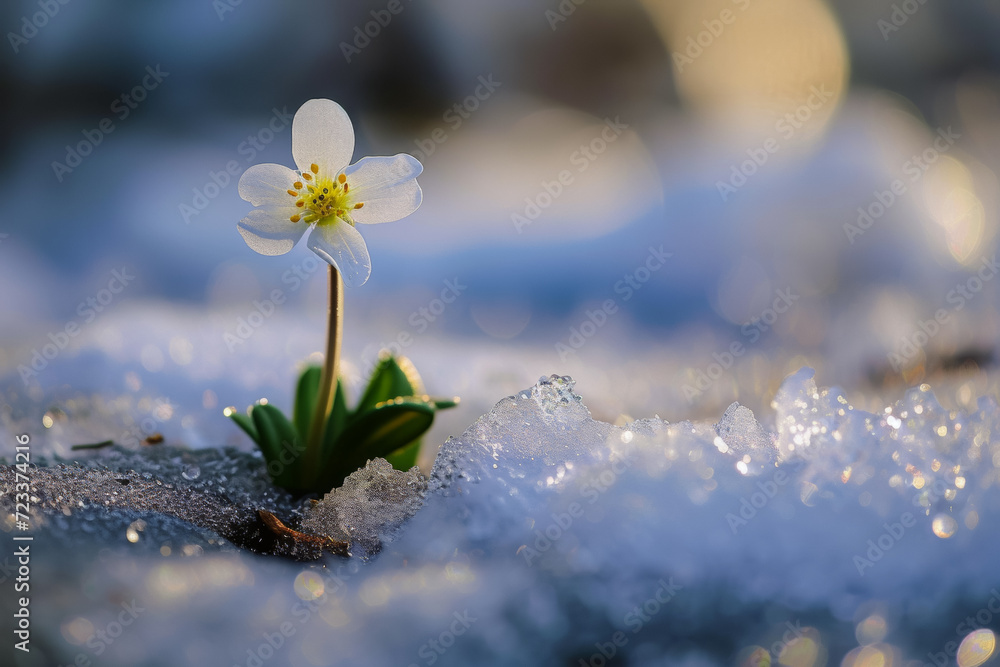 Poster a white flower breaks out from under the snow. backdrop with selective focus and copy space