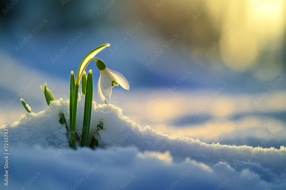 Poster forest snowdrop in a clearing with snow. backdrop with selective focus and copy space