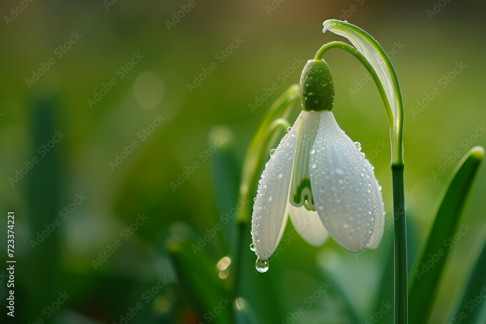 Poster first spring flowers, snowdrop close-up. backdrop with selective focus and copy space
