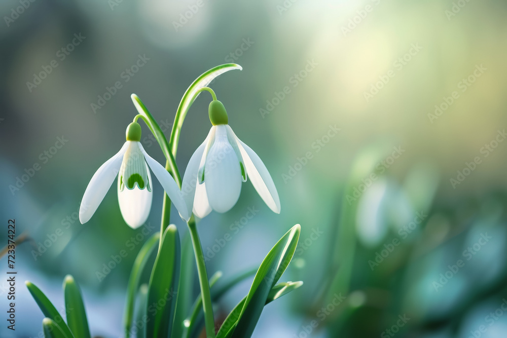 Poster first spring flowers, wild snowdrops in the forest. backdrop with selective focus and copy space