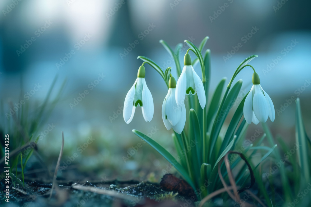 Poster the first spring snowdrops in the garden. backdrop with selective focus and copy space