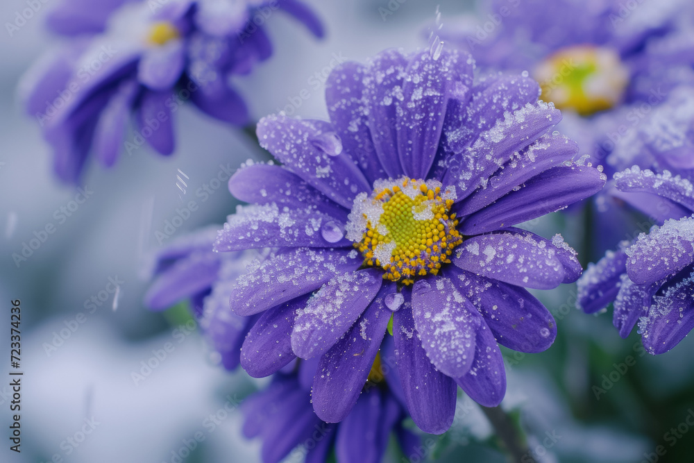 Poster flowerbed with the first spring flowers under the snow. backdrop with selective focus and copy space