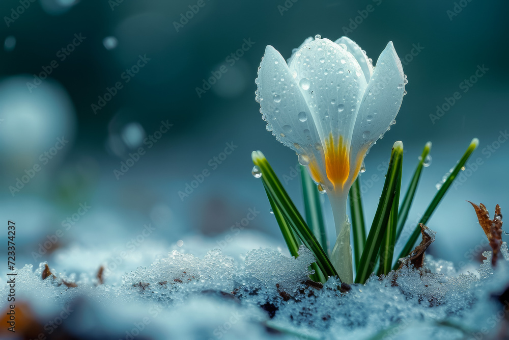 Poster the first flowers under the snow in early spring. backdrop with selective focus and copy space