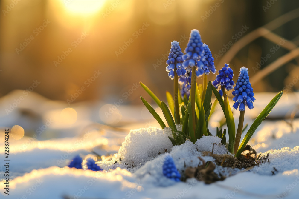 Poster the first spring wild flowers in the snow. backdrop with selective focus and copy space