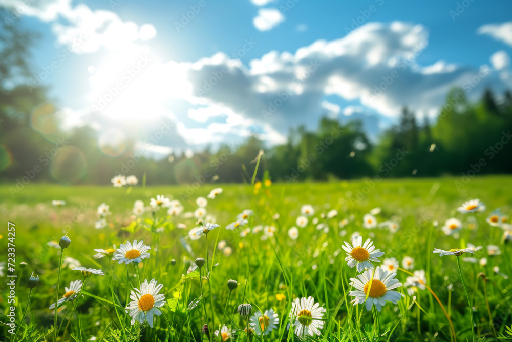 Poster spring meadow. backdrop with selective focus and copy space