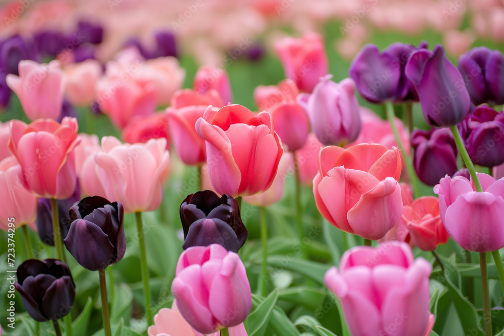 Poster flowerbed with spring tulips. backdrop with selective focus and copy space