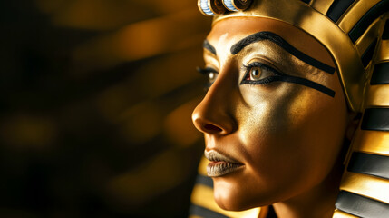 Female pharaoh from ancient Egypt with golden facial paint and traditional Egyptian eye makeup.