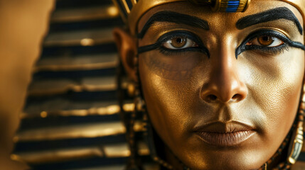 Female pharaoh from ancient Egypt with golden facial paint and traditional Egyptian eye makeup.