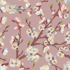 Sakura branches in a Seamless Asian oriental realistic pattern drawn for textile 