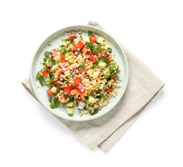 Plate with delicious tabbouleh salad on white background