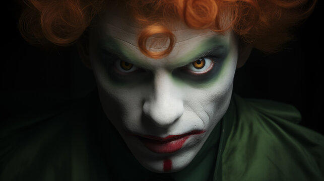 Unheimlicher Clown mit roten Haaren und gelben Augen, ernst blickend. Düstere dunkle Stimmung. Closeup. Illustration