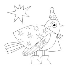 Children's coloring book. Cute bird dressed as a magician. Vector coloring page