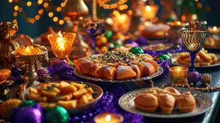 A festive Mardi Gras table setting featuring traditional King Cake, beignets, and other delicacies, surrounded by colorful decorations, beads, and masks - obrazy, fototapety, plakaty