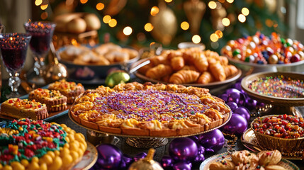 A festive Mardi Gras table setting featuring traditional King Cake, beignets, and other delicacies, surrounded by colorful decorations, beads, and masks - obrazy, fototapety, plakaty