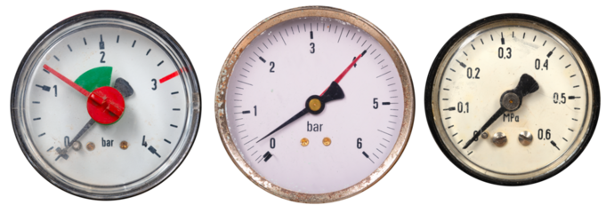 Three different types of manometers for measuring pressure on an isolated background.