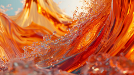 Abstract close-up of swirling orange liquid resembling molten glass with dynamic splashes and fluid...