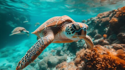Obraz premium Underwater Turtles, Serene image of sea turtles swimming underwater, highlighting the beauty of marine ecosystems.