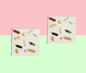 Pills and supplements on a green and pink background.