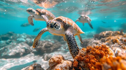 Underwater Turtles, Serene image of sea turtles swimming underwater, highlighting the beauty of marine ecosystems. - obrazy, fototapety, plakaty