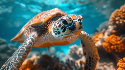 Fototapeta premium Underwater Turtles, Serene image of sea turtles swimming underwater, highlighting the beauty of marine ecosystems.