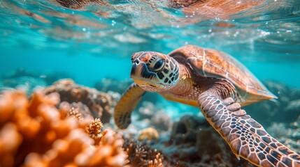 Fototapeta premium Underwater Turtles, Serene image of sea turtles swimming underwater, highlighting the beauty of marine ecosystems.