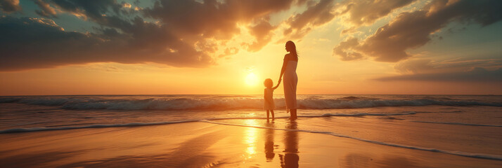 Silhouettes of mother and child on beach at sunset, a heartwarming Mother's Day scene