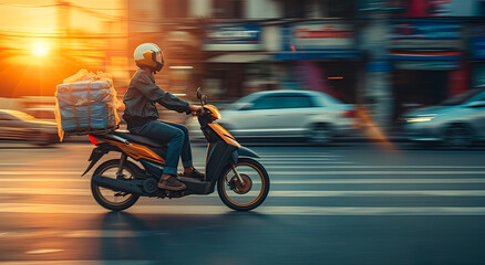 Delivery motoboy speeding at sunset. City ​​biker. - obrazy, fototapety, plakaty