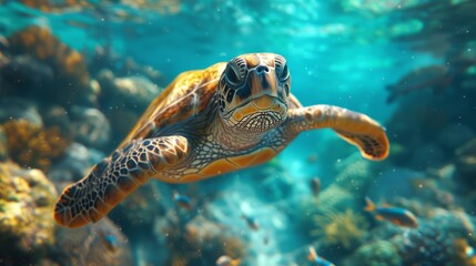 Obraz premium Underwater Turtles, Serene image of sea turtles swimming underwater, highlighting the beauty of marine ecosystems.