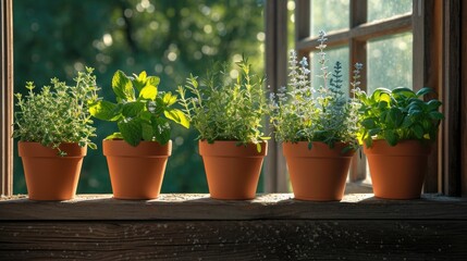 a variety of potted spicy herbs such as spearmint, rosemary, and thyme, thrive on a wooden windowsill - obrazy, fototapety, plakaty
