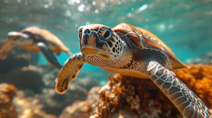 Underwater Turtles, Serene image of sea turtles swimming underwater, highlighting the beauty of marine ecosystems.