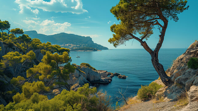 Scenic coastal view with a lone tree overlooking the Mediterranean Sea, cliffs, and clear blue sky.