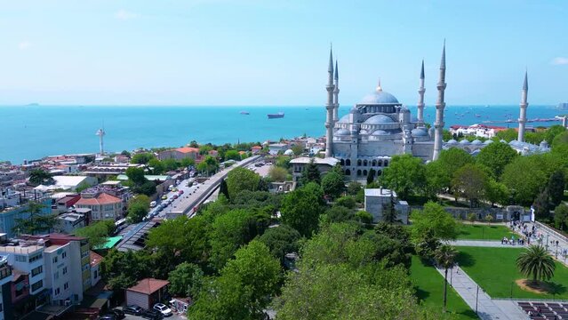 Blue Mosque Sultan Ahmet Camii aerial view in Sultanahmet in historic city of Istanbul, Turkey. Historic Areas of Istanbul is a UNESCO World Heritage Site since 1985. 