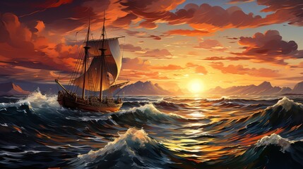 A ship at sunset on the sea